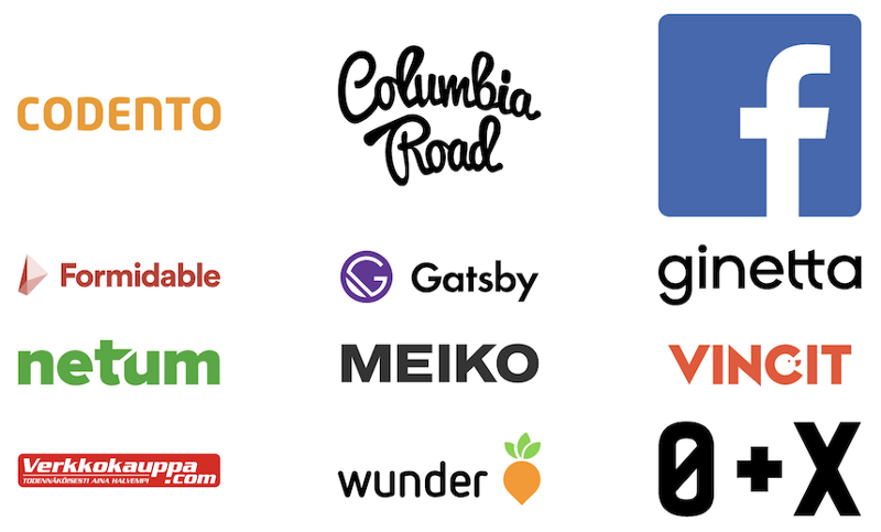 Codento, Columbia Road, Facebook, Formidable, Gatsby, Ginetta, Netum, Meiko, Vincit, Verkkokauppa.com, Wunder, and 0+X — The bronze sponsors of React Finland 2019